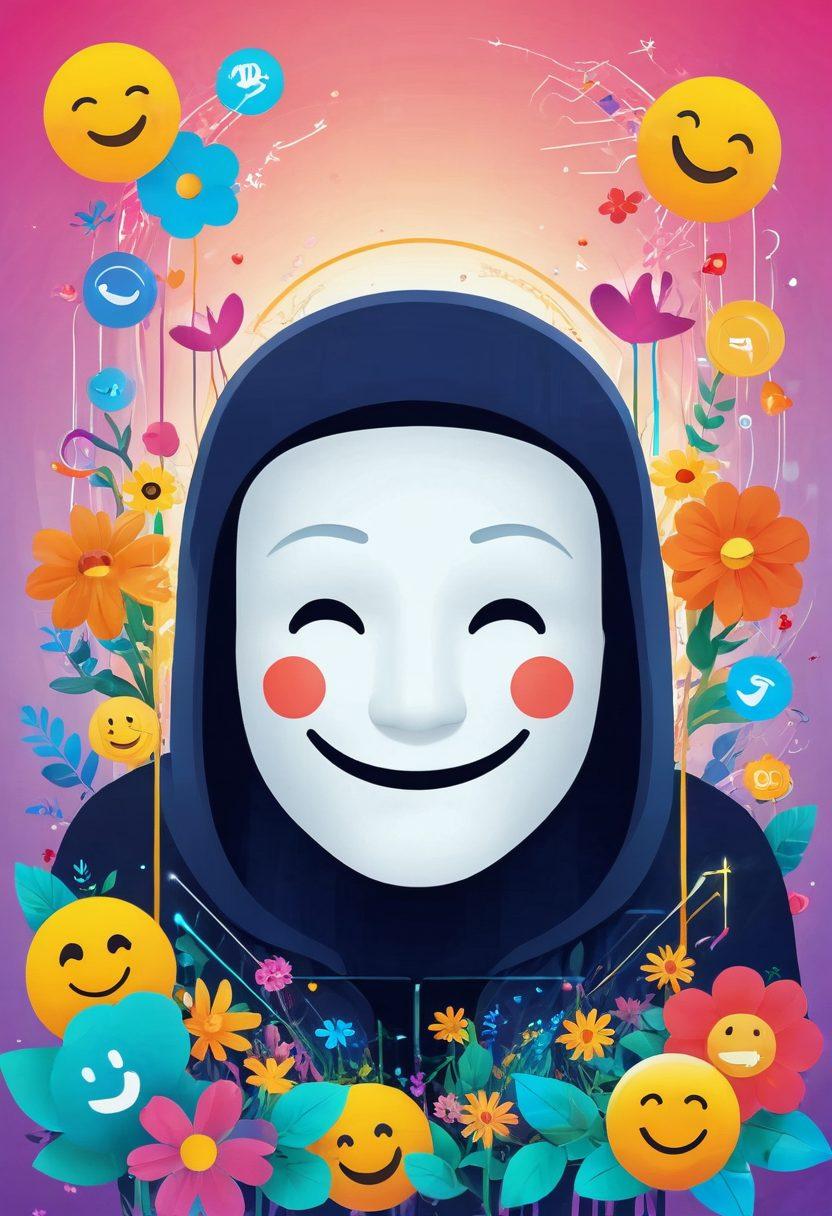 A digital lock glowing with vibrant colors in a serene online landscape, surrounded by cheerful elements like emojis and bright flowers representing joy. A playful hacker character wearing a happy face mask inspects the lock, showcasing a balance of fun and security. Lines of code and light trails weave through the scene, adding depth and excitement. modern flat design. vibrant colors. white background.