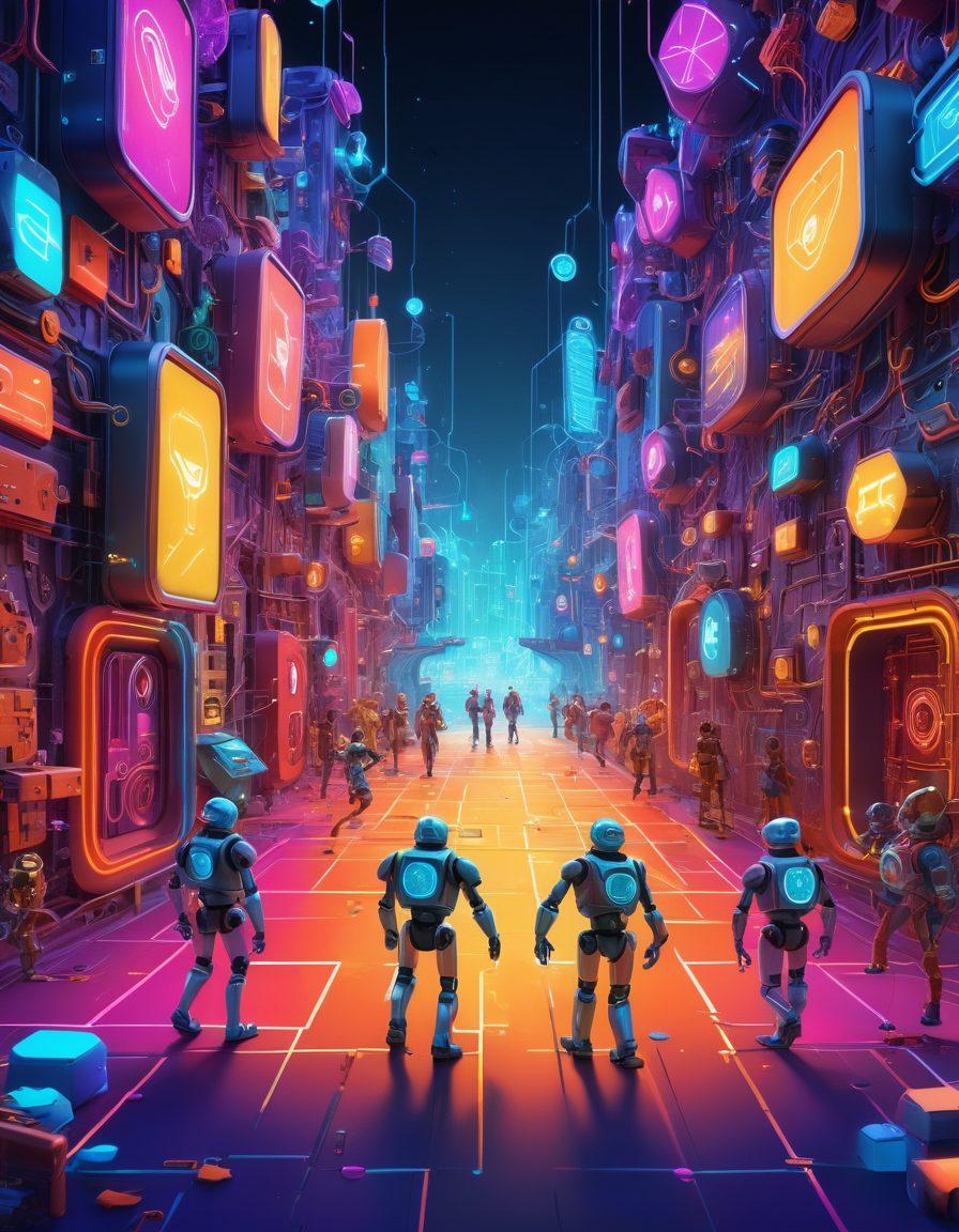 A whimsical scene depicting a group of diverse characters embarking on a colorful adventure through a digital landscape filled with playful cybersecurity elements like shields, locks, and friendly robots. They should be engaged in fun activities that promote online safety, such as navigating a maze of firewalls and unlocking treasure chests of knowledge. The background should feature a bright, cheerful atmosphere with circuit patterns and vibrant hues to highlight the joy in cybersecurity. super-realistic. vibrant colors. 3D.